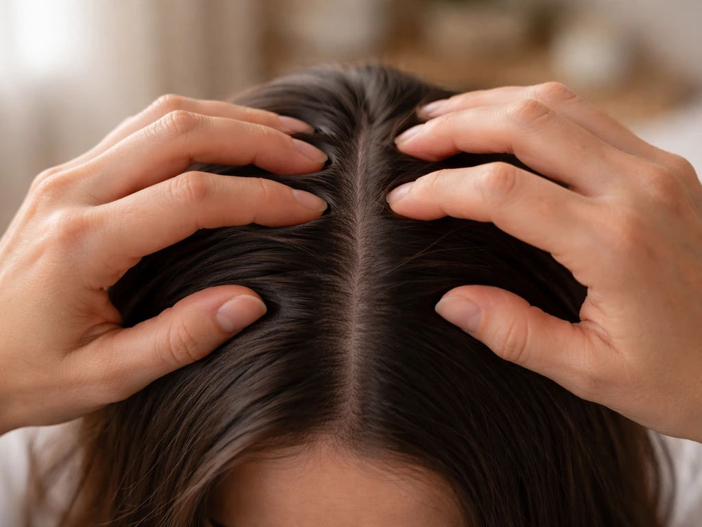 Hands gently part hair and massage the scalp with fingertips, showing a clear center parting.