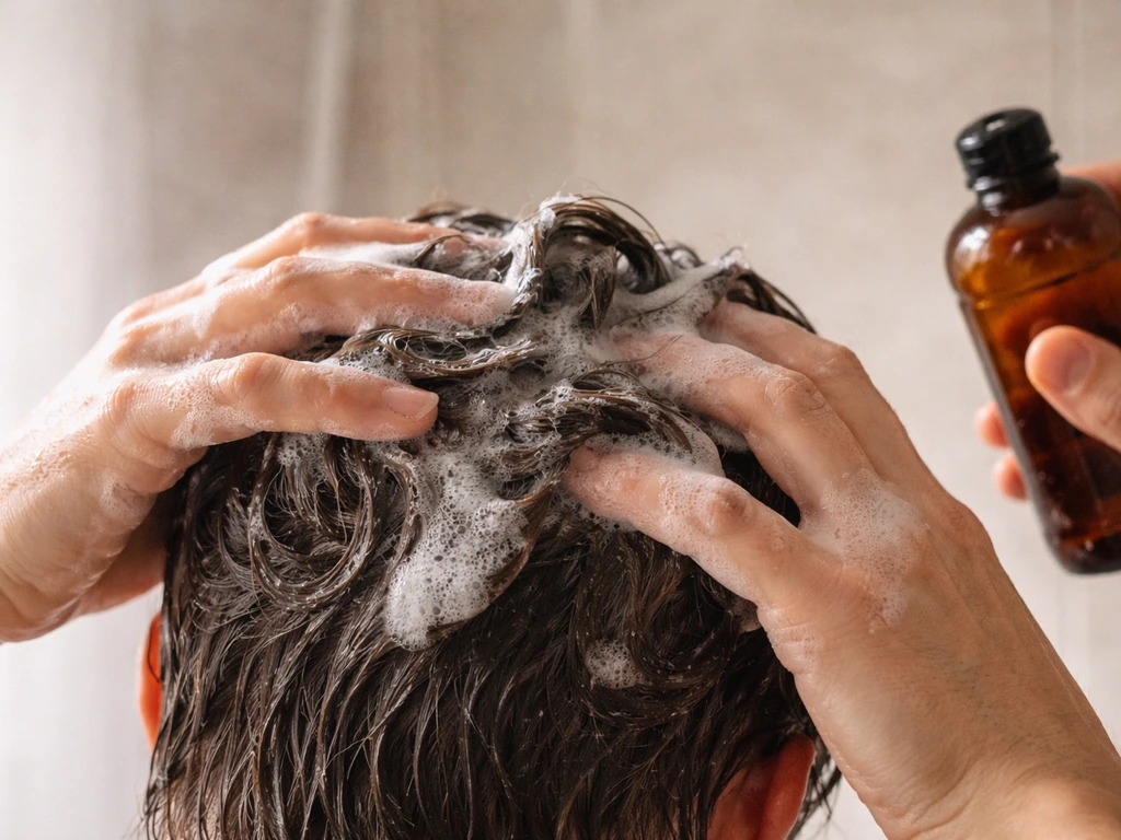 Hands massaging ketoconazole shampoo lather into the scalp in a bathroom shower setting.