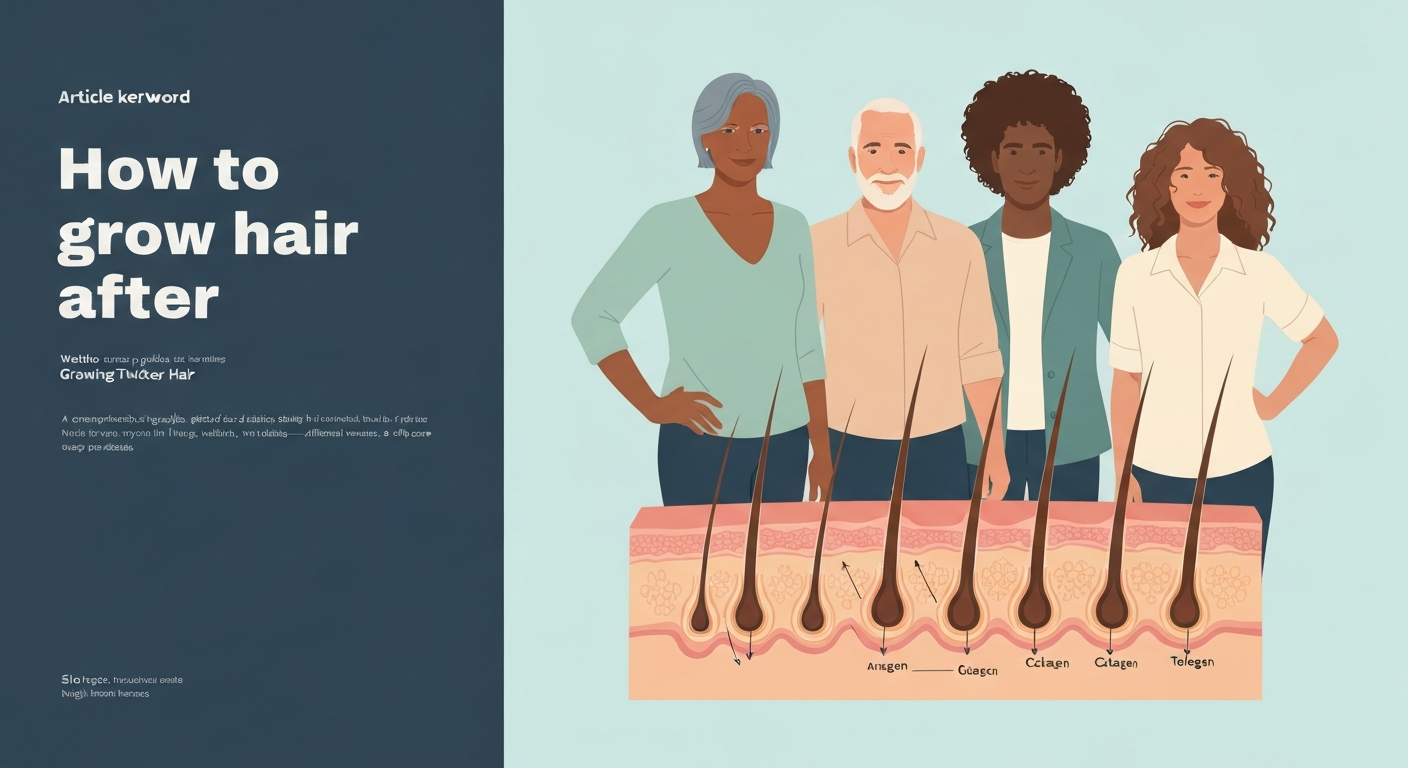 Illustration of diverse middle‑aged adults with a cutaway of scalp and hair follicles showing growth cycle stages.