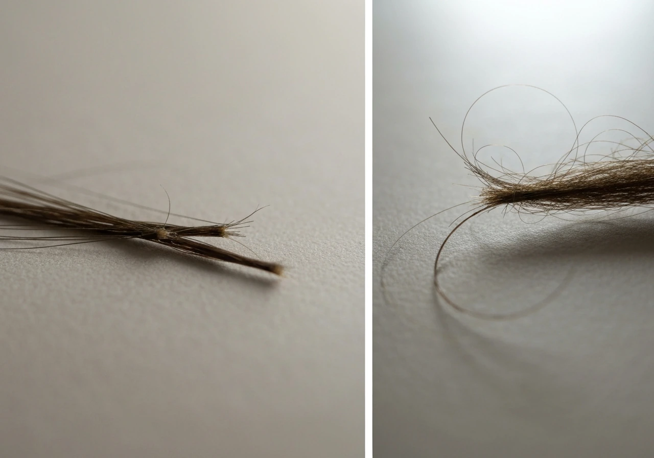 Macro close-up of broken hair ends beside intact strands with a rough tangle being pulled out