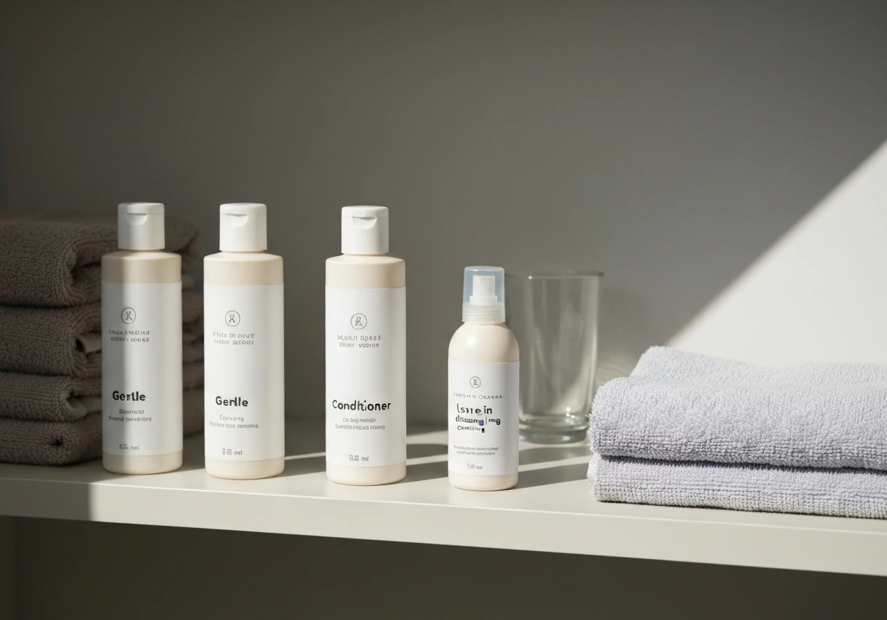 Minimal bathroom shelf with gentle shampoo, conditioner, leave-in product, and a folded microfiber towel in order.