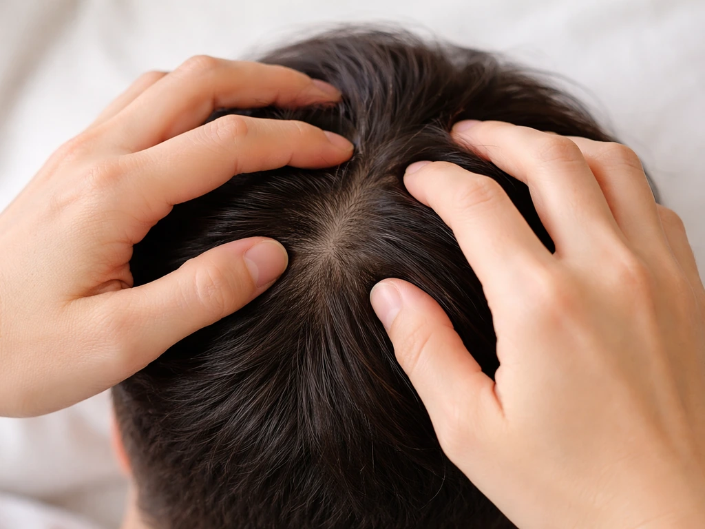Close-up of fingertips massaging the crown with gentle circular motions on clean scalp.