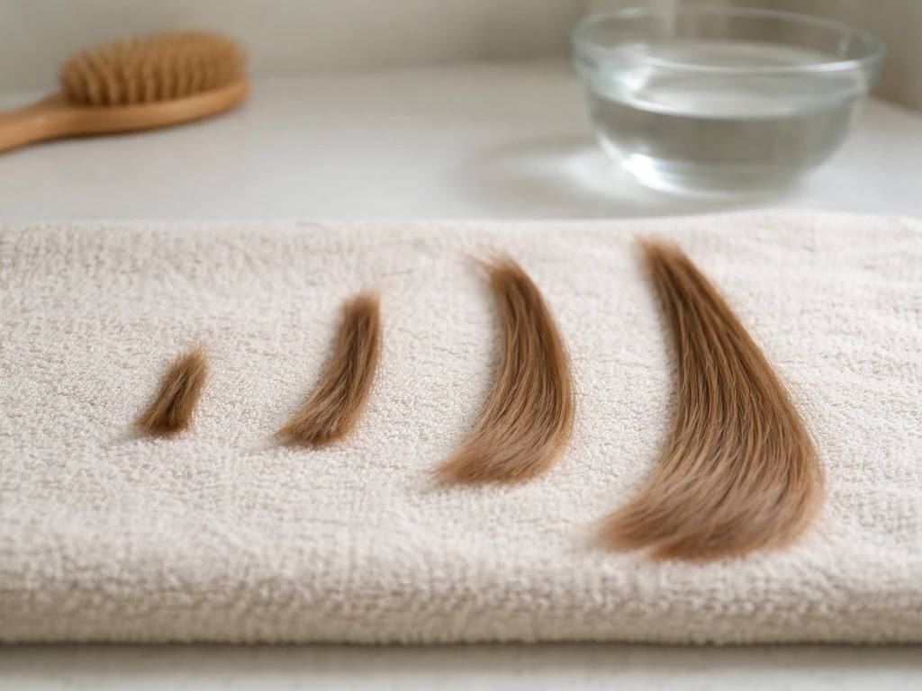 Four separated strands of fine hair on a towel showing early to later length and smoother ends.