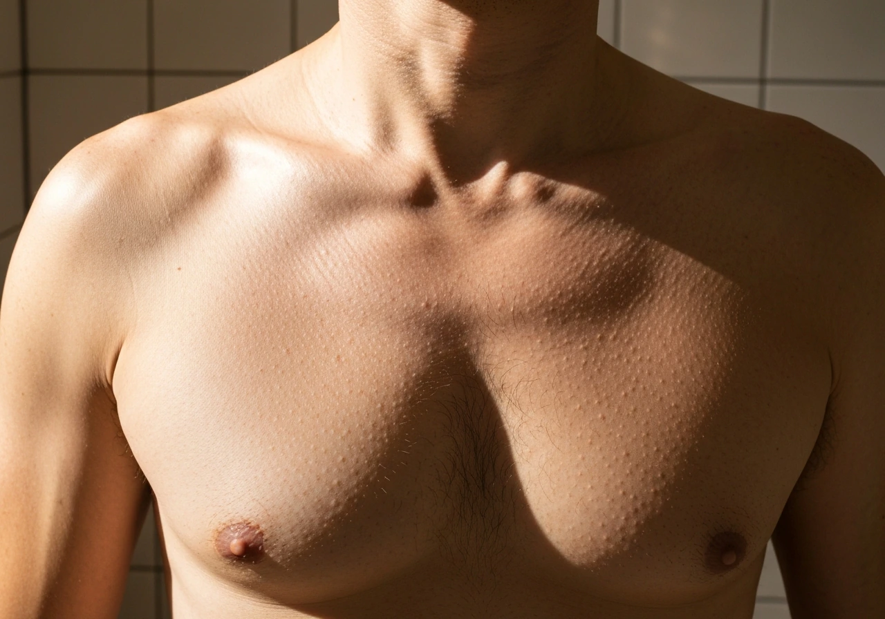 Close-up of an adult man’s chest showing subtle, uneven early chest hair growth and natural skin texture.