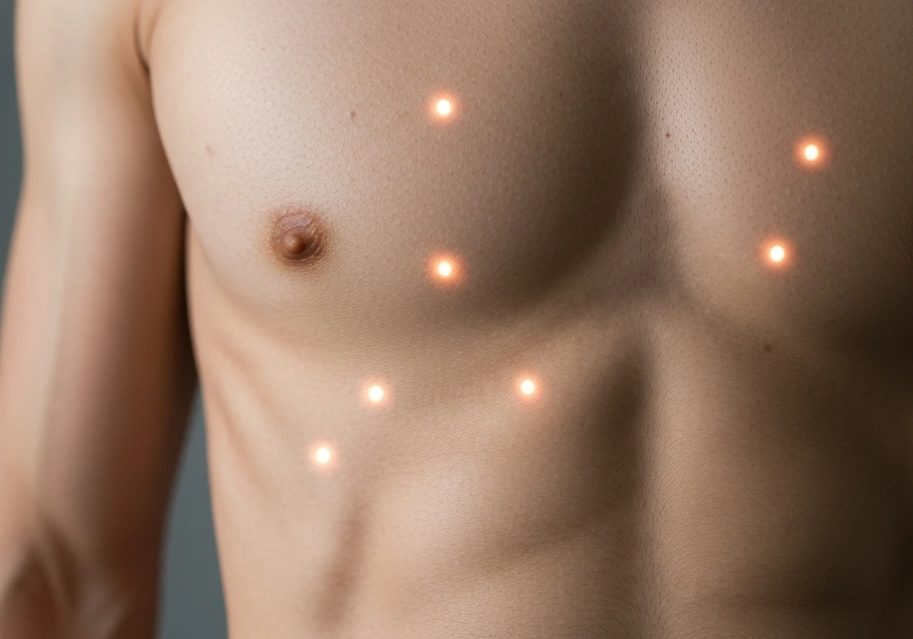Minimal chest skin close-up with subtle glowing follicle-like points suggesting androgen influence.