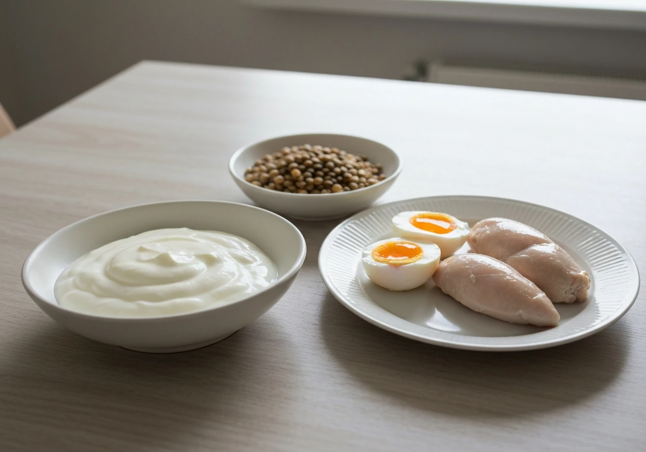 Greek yogurt, eggs, lean meat, and lentils arranged on a wooden table in natural light.