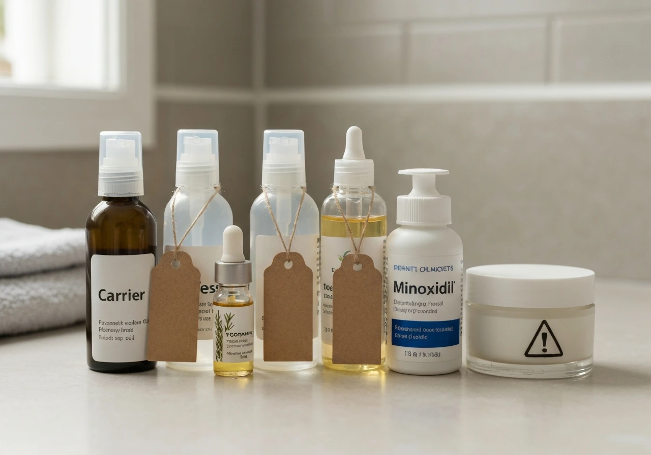 Minimal close-up of unlabeled topical bottles and vials with a muted warning-marked avoid container.