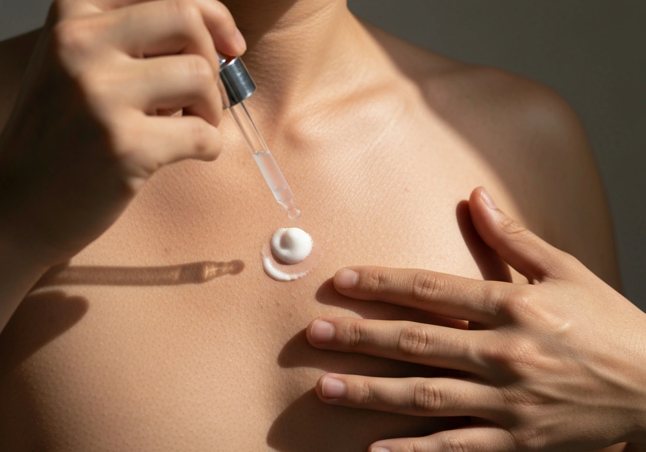 Close-up of hands applying minoxidil foam to bare chest skin using a dropper applicator