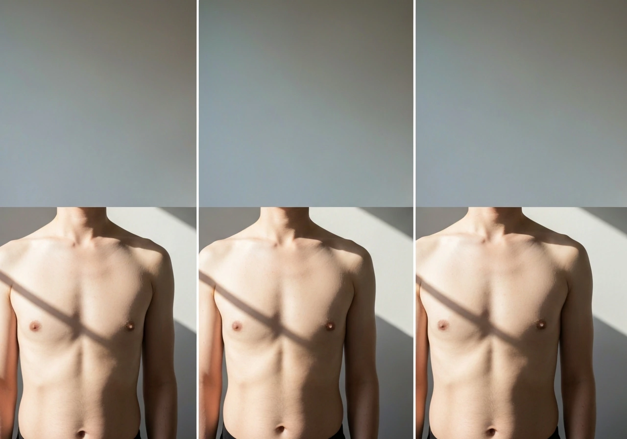 Side-by-side chest photos in consistent window light, suggesting 4–6 week progress tracking.