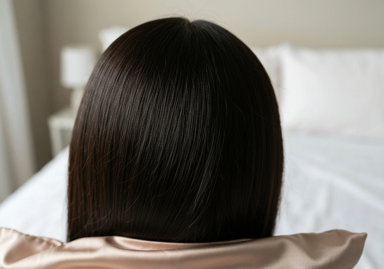 Upper back of head and nape area with intact hair resting on satin bonnet, conveying reduced breakage