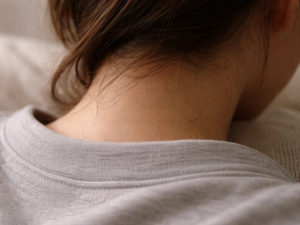 Close-up of the back-of-neck nape area with hair resting against fabric, suggesting collar and pillow friction