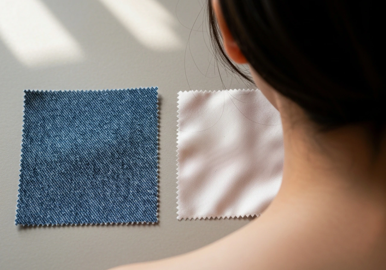 Nape hair resting against rough fabric on one side and smooth satin fabric on the other.