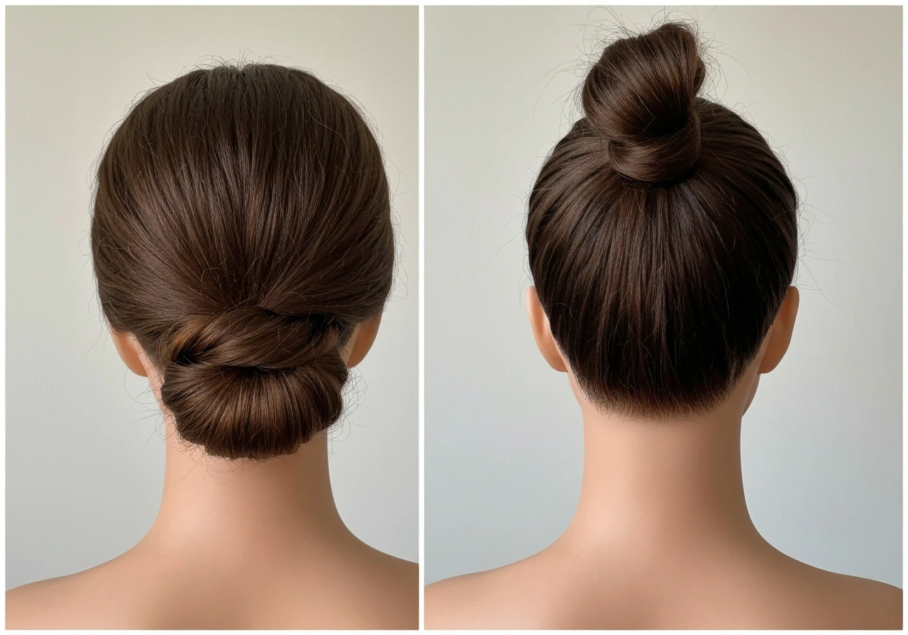Back view comparison of a loose low bun versus a tight ponytail pulling at the nape.