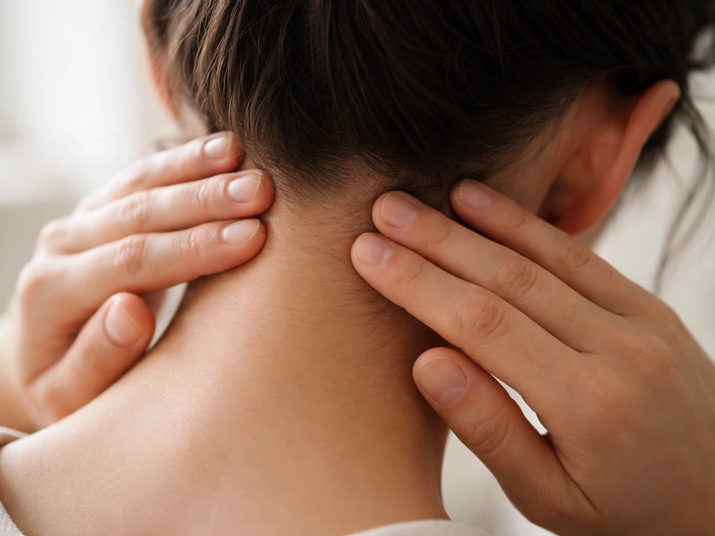 Hands gently massaging the nape with fingertips in slow circular motion near the hairline.