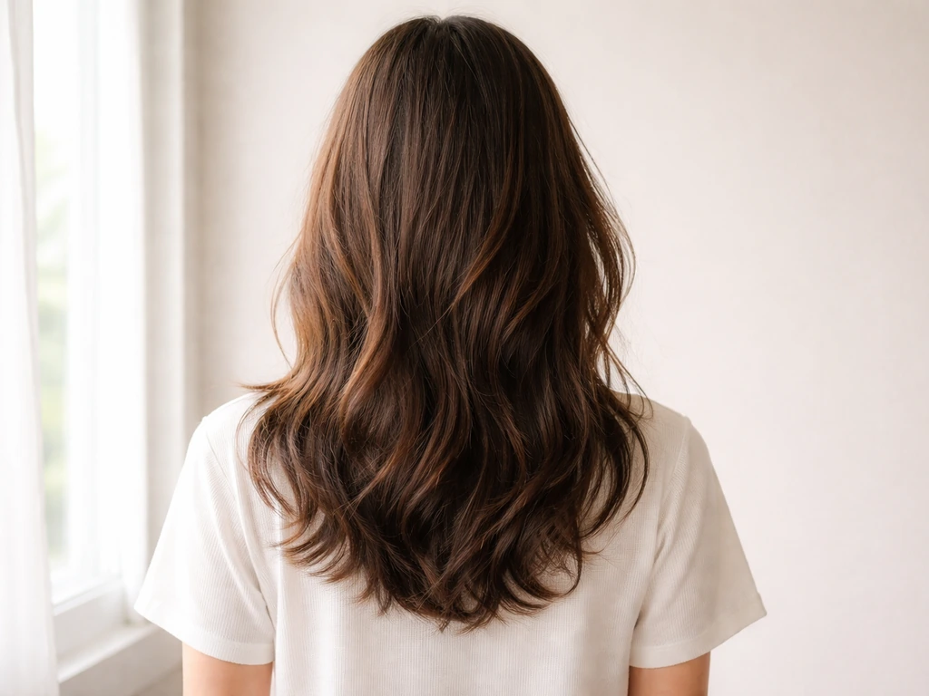 Person with healthy, styled medium-length hair in a bright, simple room showing a goal-length vibe.