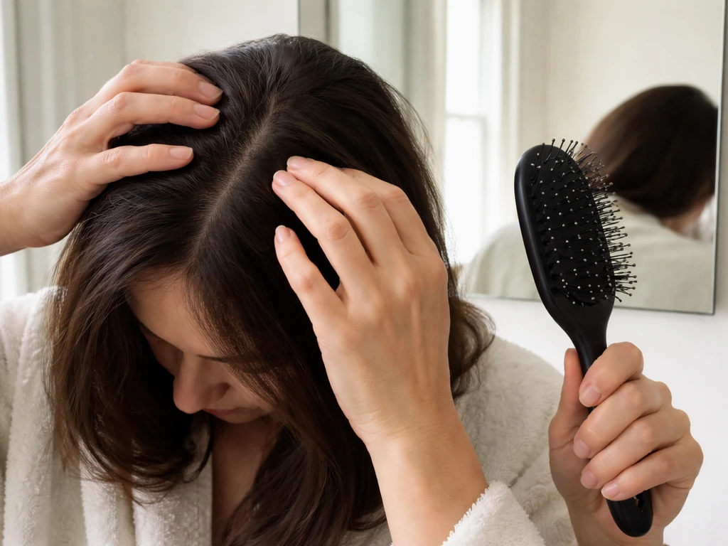Person inspecting hair and scalp with hands near a brush in a bright bathroom setting