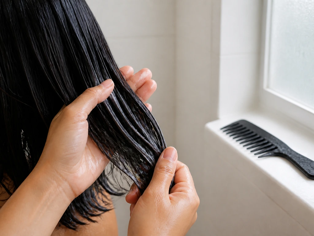 Hands applying conditioner to medium-length hair with a wide-tooth comb in a minimal shower.