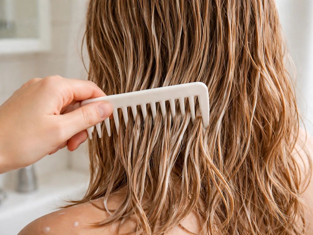 Hand detangles conditioner-coated medium-length hair with a wide-tooth comb, combing from ends upward.