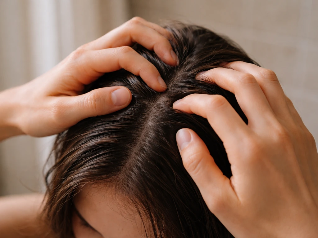 Close-up of fingertips gently massaging the scalp in small circles, no nails visible.