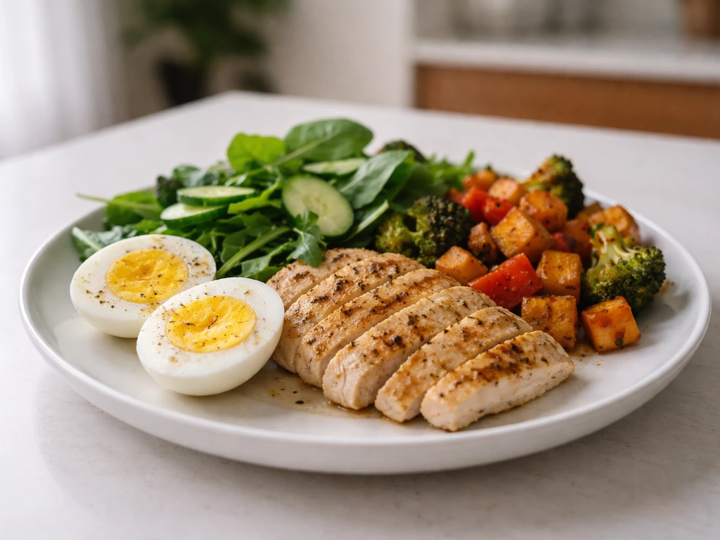 Protein-forward meal plate with chicken or legumes, eggs, and greens on a kitchen table.