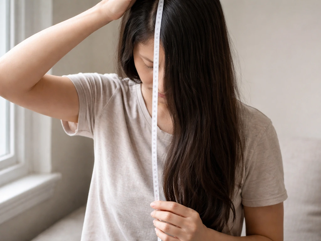 Waist-length photo of an adult measuring hair length from the crown with a tape measure.