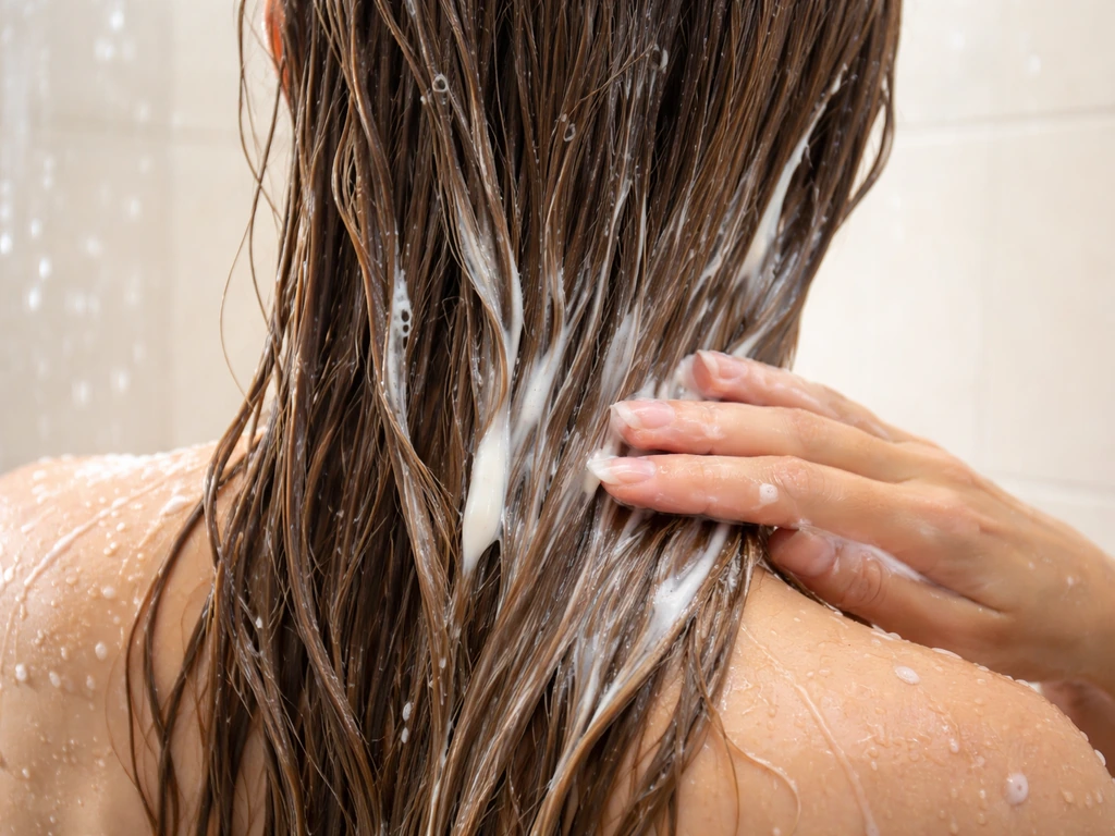 Close-up of creamy conditioner smoothed onto wet hair ends in the shower, visible texture and slip.