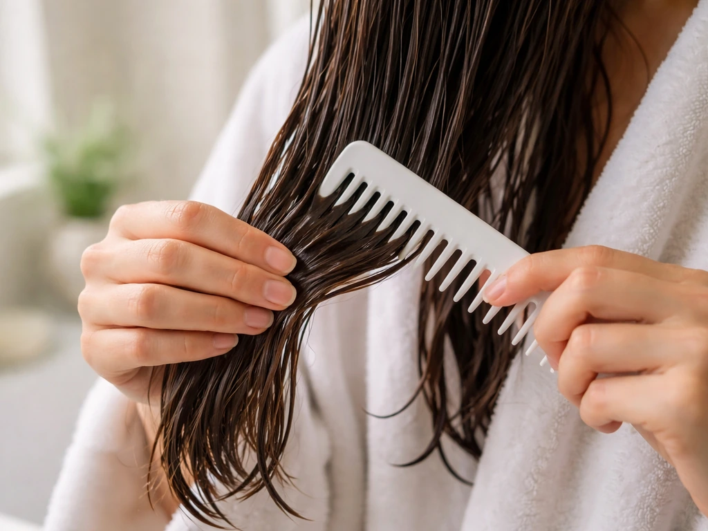 Wide-tooth comb gently detangling wet hair in sections, starting at the ends