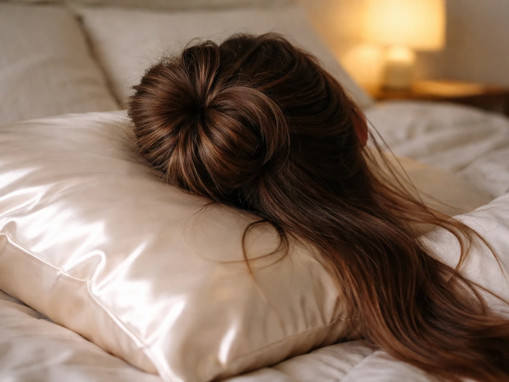 Long hair in a loose bun on a satin pillow at night, shown from above to highlight reduced friction.