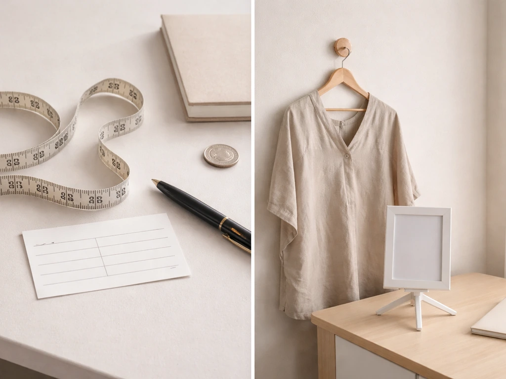 Minimal desk and hanging garment scene suggesting measuring progress over time.
