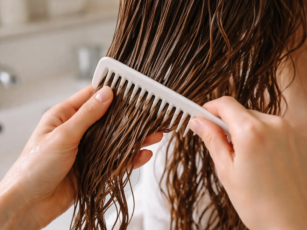 Hands using a wide-tooth comb to detangle glossy wet hair from ends upward