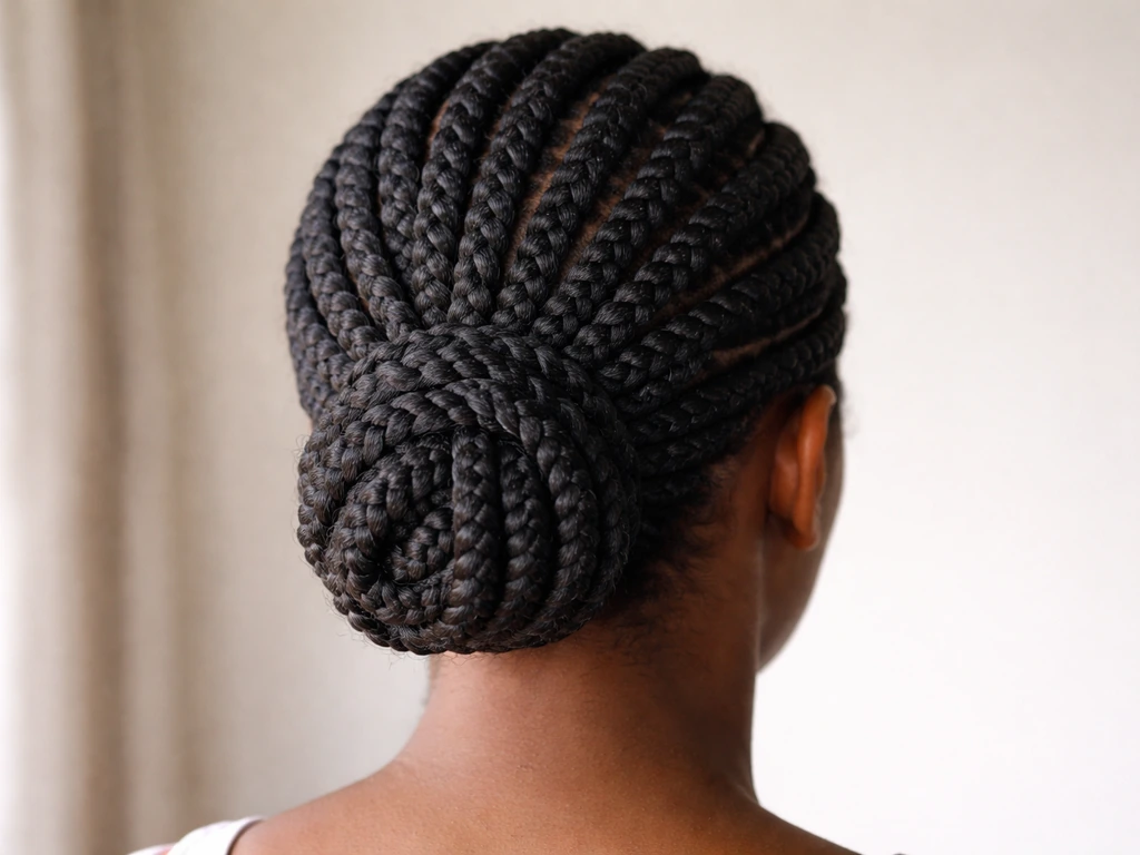 Natural hair in neat braids/twists with ends fully tucked away for a protective, retention-focused look.