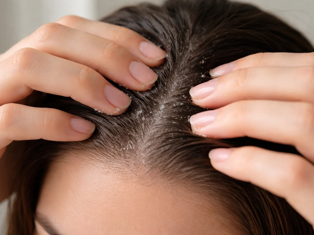 Close-up of fingers gently massaging the scalp at the hairline for exfoliation.