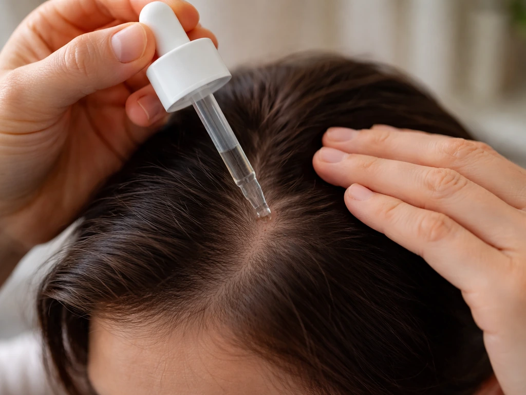 Close-up of minoxidil being applied to a dry scalp where thinning begins, with applicator tip in focus.