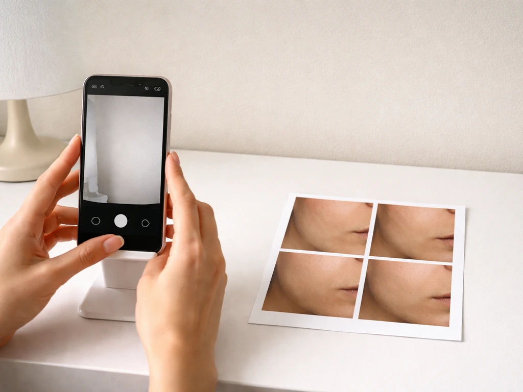 Hands set up a phone to take consistent monthly progress photos next to a small printed photo grid.