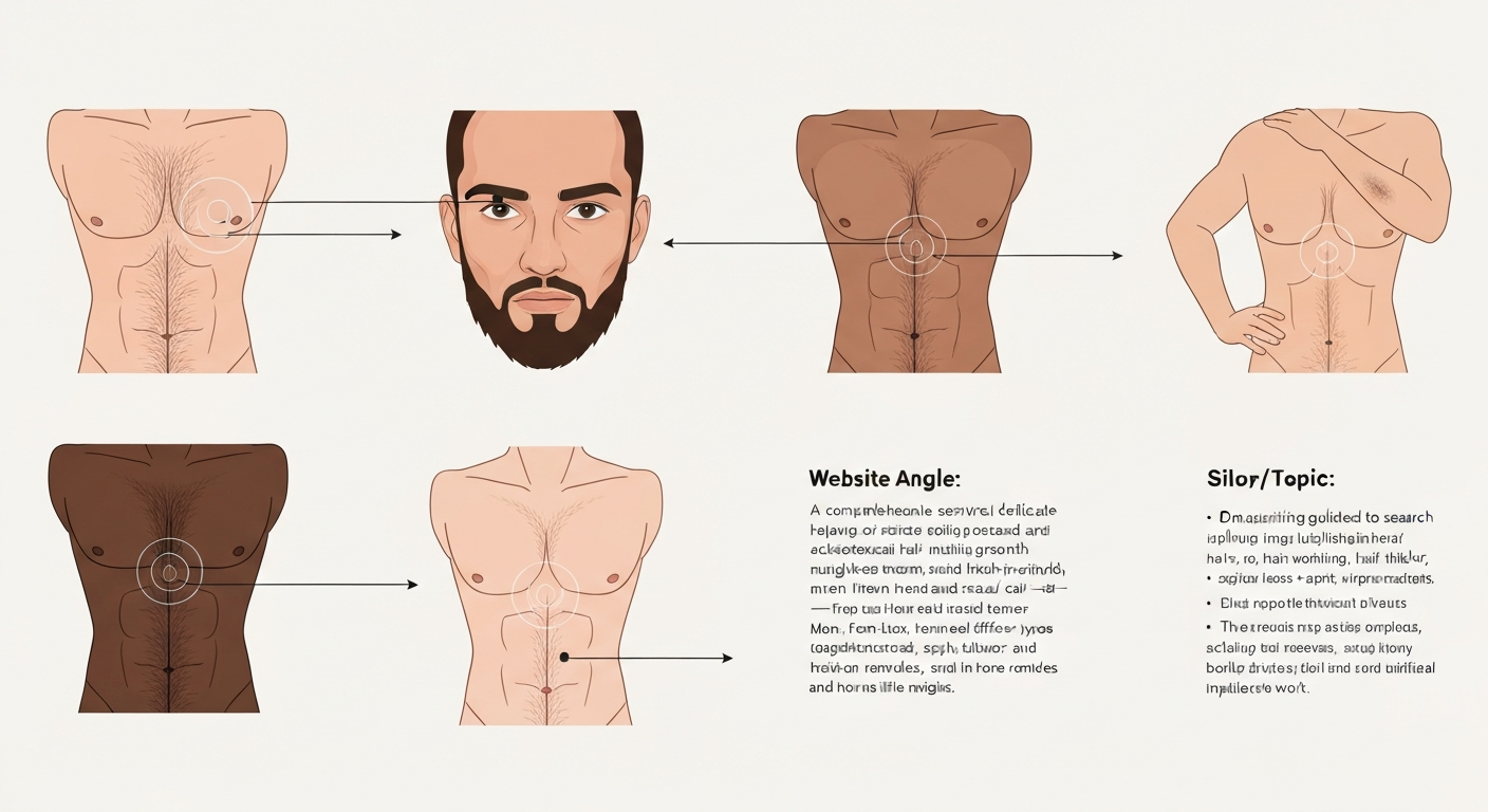 Illustration showing different body areas (chest, beard, arm) with varying hair density across diverse skin tones.