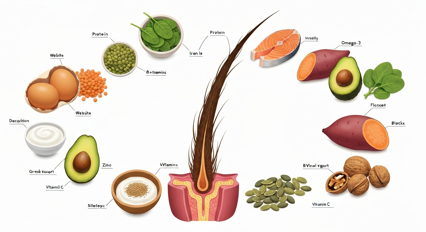 Illustration of hair-supporting foods arranged around a stylized healthy hair strand and follicle, labeled with nutrient groups.