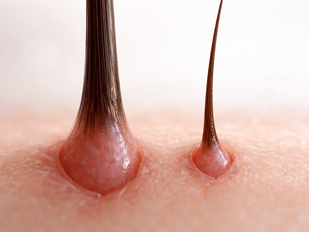 Close-up macro of a healthy hair follicle next to a miniaturized one in a clean, clinical setting.