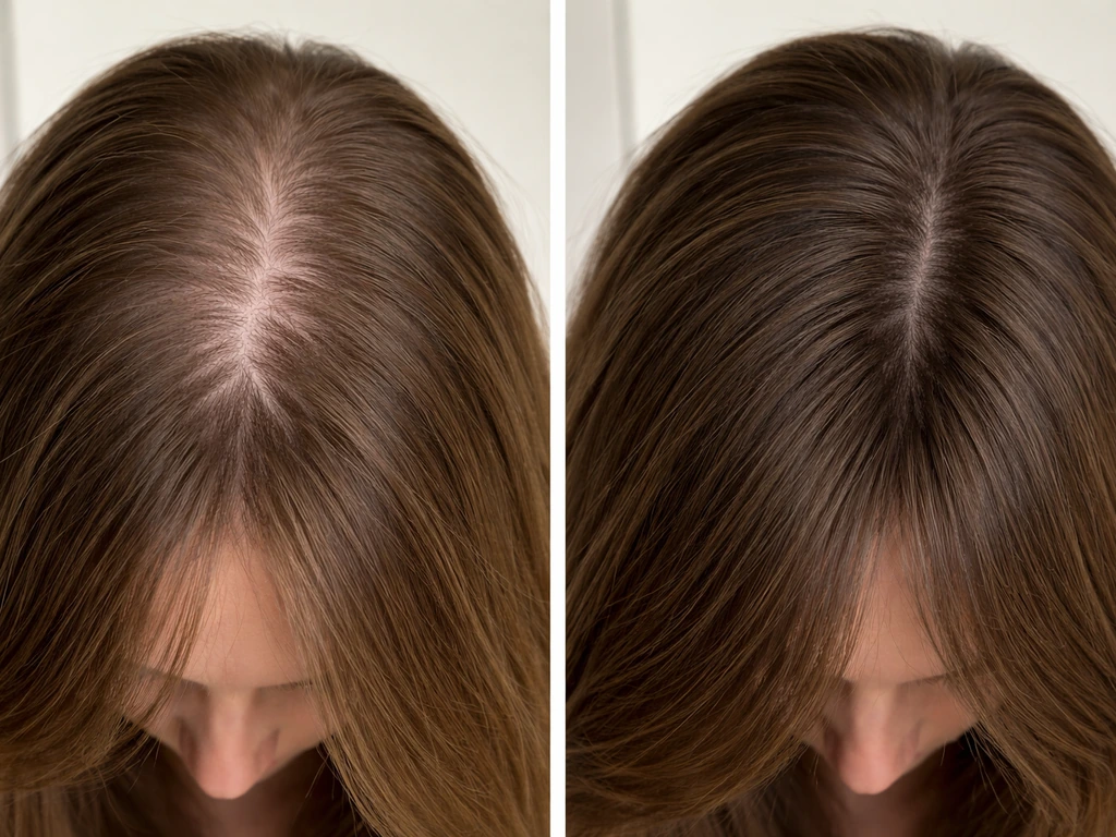 Split comparison of thinning at temples/crown versus healthy dense hair on the scalp.