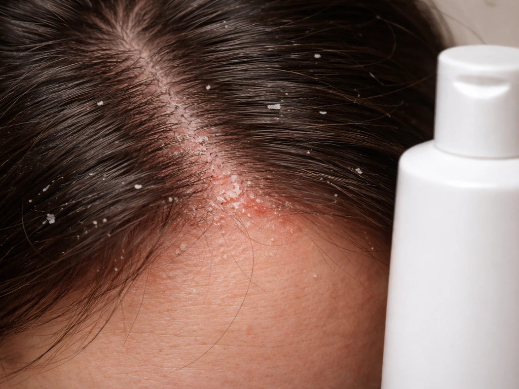 Close-up of an irritated, flaky scalp with dandruff flakes and a medicated shampoo bottle at the side.