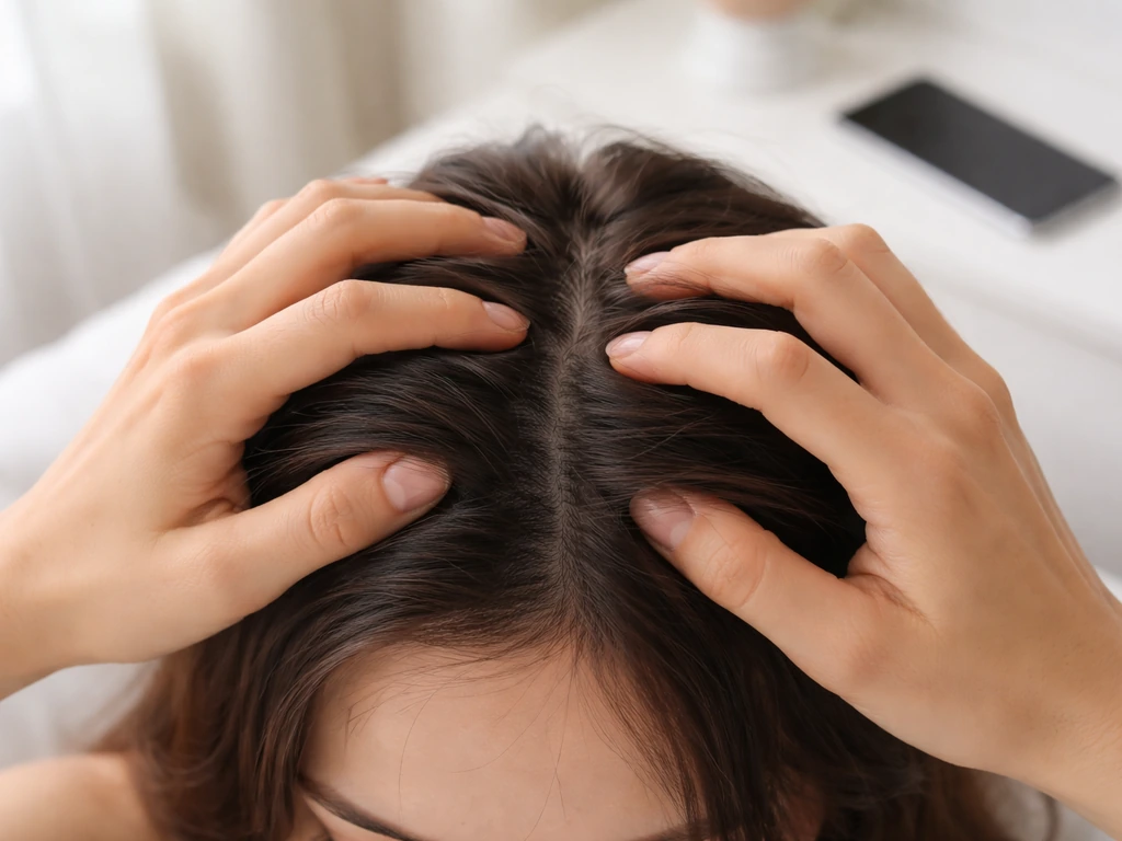 Close-up of hands massaging a person's scalp at home, with a phone nearby to time the session.