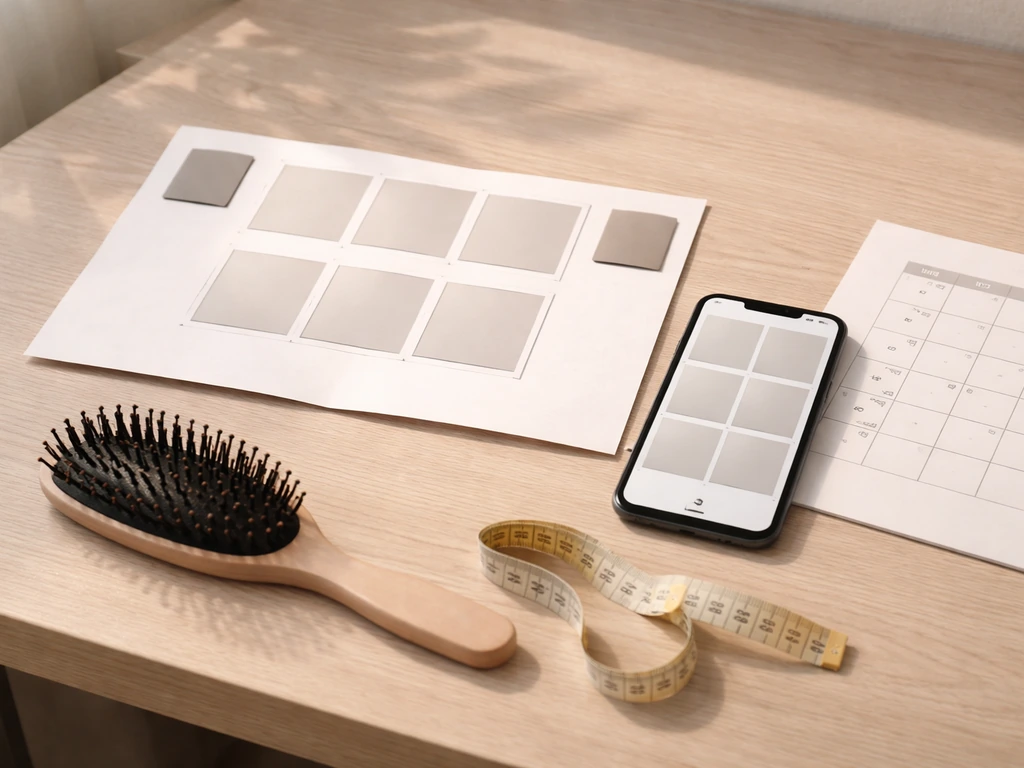 Minimal desk scene with a phone and printout mock for monthly hair growth progress tracking.