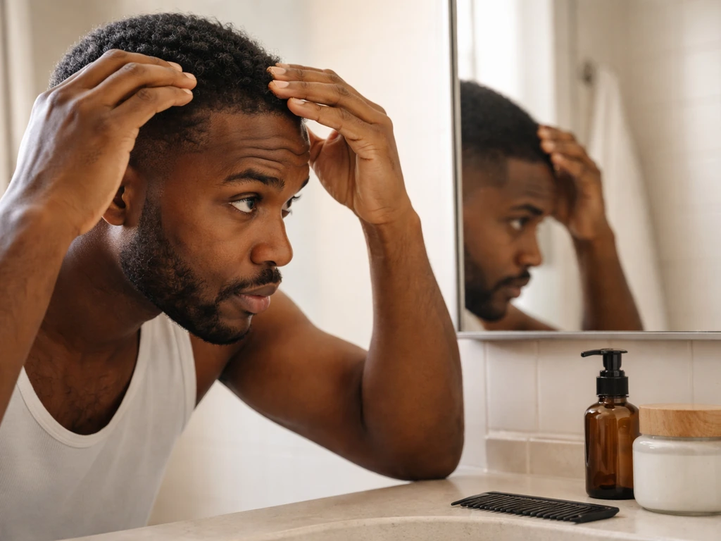 Black man in a bathroom uses a mirror for scalp care, with natural regrowth focus