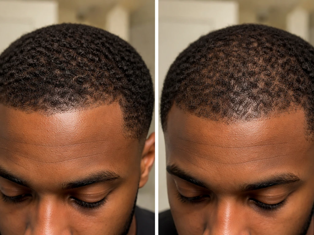 Split-screen close-ups showing Black hairline recession vs diffuse front thinning on the scalp.