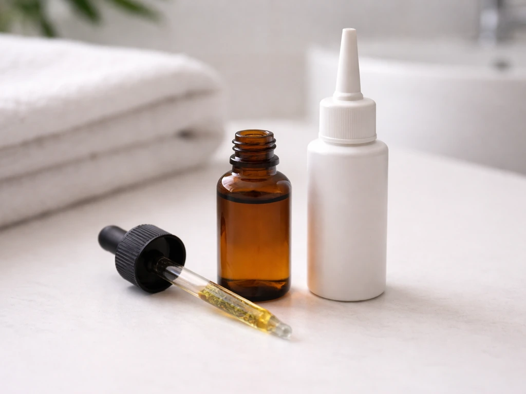 Minimal bathroom countertop with scalp serum, rosemary oil dropper, and minoxidil applicator arranged neatly.