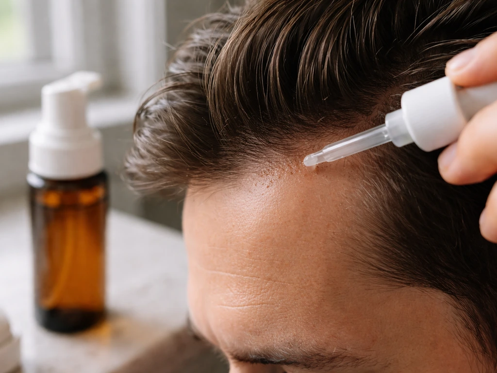 Close-up of a topical minoxidil dropper applying along the hairline with a foam bottle nearby.