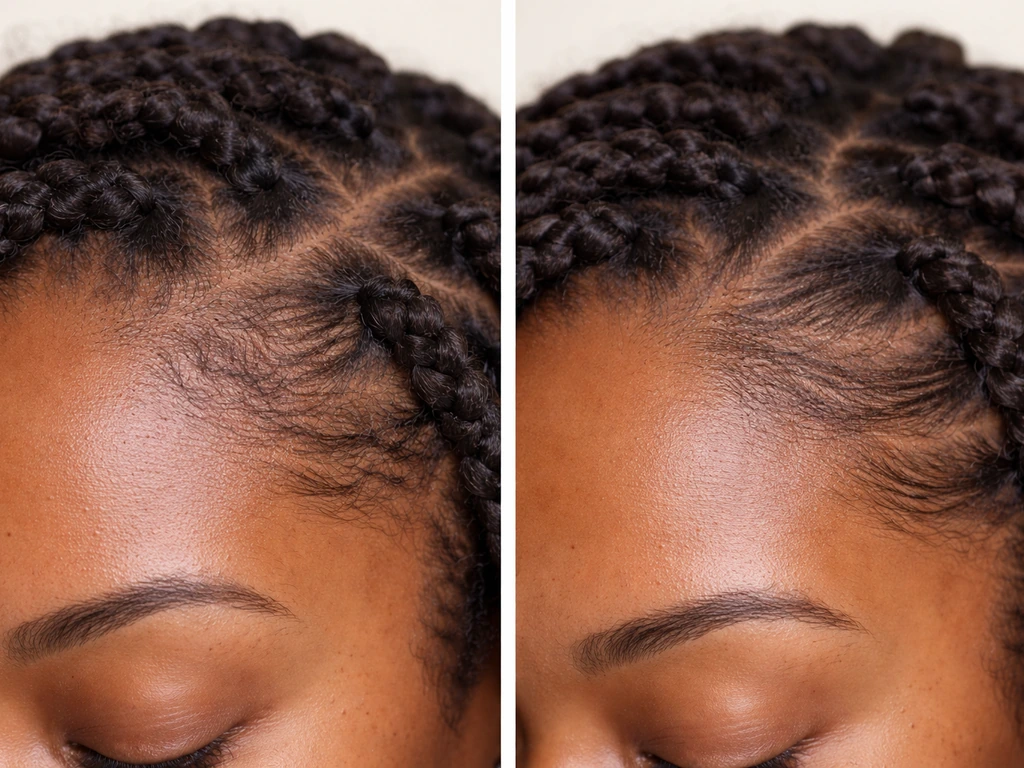Side-by-side close-up of an anonymous hairline showing tight traction damage vs looser protective styling.