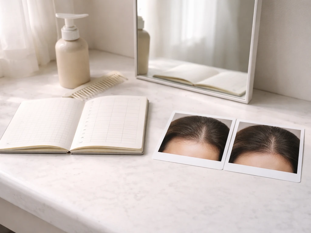 Minimal weekly progress scene with a notebook checklist and a hair-care kit on a clean countertop.
