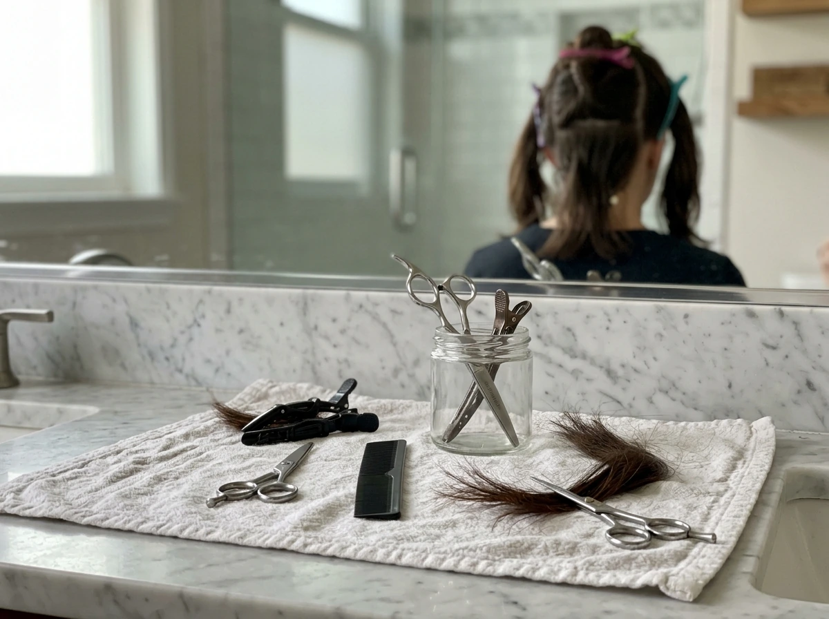 Scissors and tools laid out to trim and remove damaged ends for length retention.