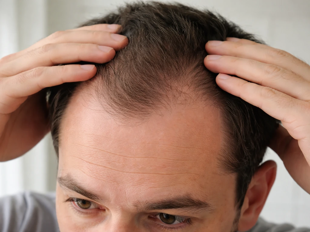 Close-up of a receding hairline with temples thinning, hair gently parted to reveal the hairline.