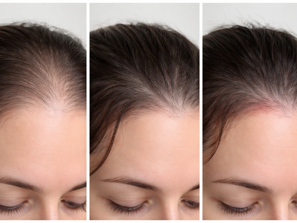 Split-scene comparison of three hairline thinning patterns: androgenetic, traction, and inflammatory with scalp cues